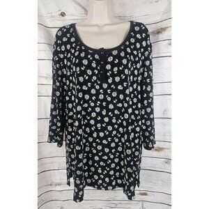 Vikki Vi Black Floral Print Blouse Top 1X Henley Popover 3/4 Sleeves Slinky Knit